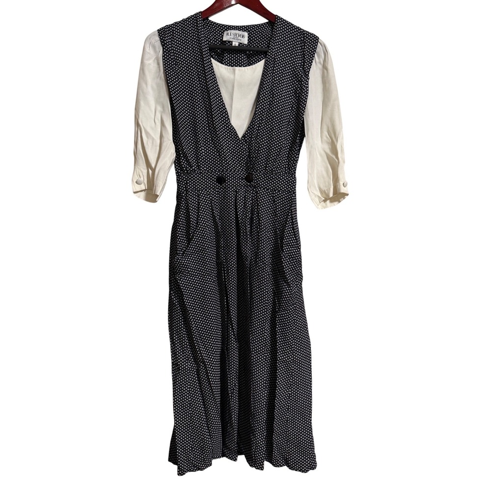 RJ Stevens Petites Vintage Black White Geometric Midi Dress Pockets Size 8